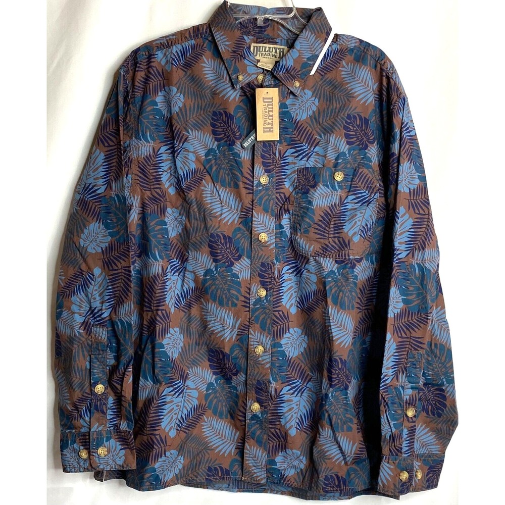 Duluth Trading Untucked Relaxed Fit Brown Blue BBQ Hawaiian Shirt Large NWT